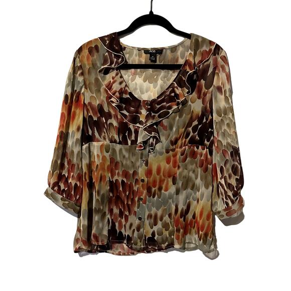 AGB Women's Sz Medium Floral Button100% Polyester Blouse with Cami Ruffle V Neck - Picture 1 of 13